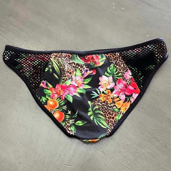 Black Hot Pink Floral Animal Cherry & Orange Print Mesh Trim Bikini Bottoms M - Picture 3 of 4